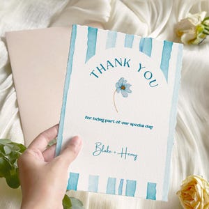 Cartes de remerciement de mariage à rayures bleues, cartes de remerciement de mariage aquarelles, carte postale de remerciement côtière, papeterie de mariage nautique, toile