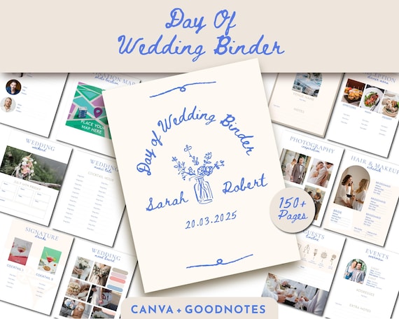 Hand Drawn Wedding Binder, Vintage Wedding Day Binder, Day Of Wedding Binder, Wedding Planner Template, Vision Board, Canva + GoodNotes