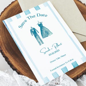 Küsten Save The Date Kartenvorlage, Maritime Hochzeitseinladung, Blau gestreifte Save The Dates, Aquarell Hochzeitspapeterie, Canva Vorlage