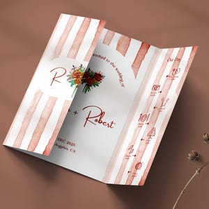 Modello per invito di nozze a pacchetto, invito di nozze rustico a pacchetto, codice QR RSVP per matrimonio in terracotta, invito di nozze in terracotta