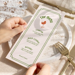 Retro Wedding Menu Cards Template, Hand Drawn Wedding Menu Cards, Greenery Wedding Dinner Menu, Custom Wedding Menu, Sage Green Wedding Menu