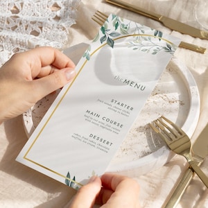 Greenery Wedding Menu Cards Template, Sage Green Wedding Dinner Menu Template, Printable Event Menu Cards, Custom Wedding Menu, Gold Framed
