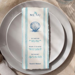 Blue Striped Wedding Menu Cards Template, Watercolor Wedding Menu Cards, Nautical Wedding Dinner Menu Template, Custom Wedding Menu, Canva