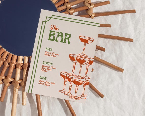 Retro Wedding Barware And Party Decor Retro Bar Menu Sign Wedding Bar ...