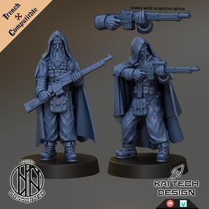 May include: A 3D-printed miniature figure of a robed character with a long beard, holding a rifle. The figure is dark blue and stands on a black base. The image includes the text "Trench Compatible" and "Kai Tech Design".