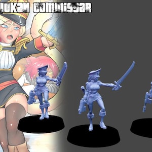 May include: Three light blue miniature figurines of a female character in a military uniform, holding a sword and a gun. The figurines are on black bases. The background features a comic book illustration with the text "HOKAN COMMISSAR".
