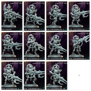 May include: Ten miniature figures of a sci-fi warrior with a large weapon and a circular headpiece. The figures are painted in a gray color and are standing on a black base. The figures are labeled with the names "EPH VIZIER", "EPH LEGIONNAIRE 1", "EPH LEGIONNAIRE 2", "EPH LEGIONNAIRE 3", "EPH LEGIONNAIRE 4", "EPH LEGIONNAIRE 5", "EPH LEGIONNAIRE 6", "EPH LEGIONNAIRE 7", "EPH LEGIONNAIRE 8", "EPH LEGIONNAIRE 9", and "EPH LEGIONNAIRE 10".