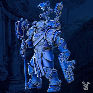 May include: A blue and silver robot figurine with a large axe and a gun. The robot is wearing armor and has a helmet on its head.