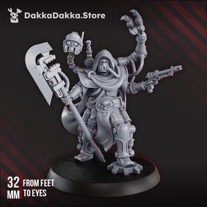 May include: A gray miniature figure of a futuristic warrior, holding a large wrench-like weapon and a pistol. The figure has a hooded cloak, a skull-shaped helmet, and mechanical arms. The base is black, and the figure is 32 mm from feet to eyes.