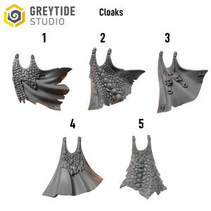 May include: Five gray cloaks with different textures and designs are displayed. The cloaks are numbered 1 through 5. The text "GREYTIDE STUDIO" and "Cloaks" are visible at the top of the image.