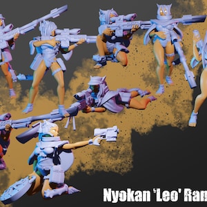 May include: A digital rendering of several futuristic female figures in light blue armor, each holding a weapon. The figures are in various action poses, with the text "Nyokan 'Leo' Rangers" at the bottom.