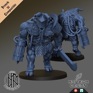 May include: A 3D printed miniature of a monstrous creature with a chainmail and a helmet, holding a sword and a mechanical arm. The creature is standing on a black base. The miniature is compatible with Trench.