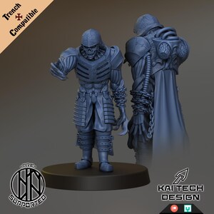 May include: A gray 3D-printed miniature of a skeletal warrior in armor, with a helmet and chains. The figure is on a black base, with a second figure in the background. The text "Trench Compatible" and "Kai Tech Design" are visible.
