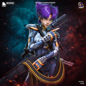May include: Digital illustration of a character with purple hair and green eyes, wearing a futuristic armored suit with orange accents. The character is holding a large gun and a smaller handgun. The background has blue and red hues. Text includes "HIGH-QUALITY PRE-SUPPORTS" and "PATREON.COM/BULKAMANCER".