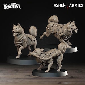May include: Three gray dog figurines with military-style gear, including harnesses and gas masks. The figurines are on black bases, with the text "Bite the Bullet" and "Ashen Armies" visible.
