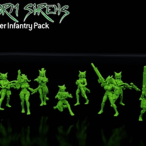 May include: A group of green miniature figurines, the "Storm Sirens Hunter Infantry Pack," are displayed against a black background. The figurines are in various action poses, holding weapons. The text "Storm Sirens Hunter Infantry Pack" is at the top.
