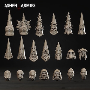 May include: A collection of gray miniature figurines with various headwear and facial features. The figurines include pointed hats, masks, and faces with religious symbols. The text "ASHEN ARMIES" is at the top.