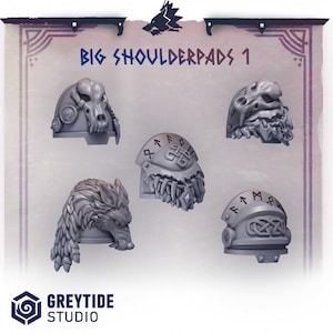 May include: Five gray shoulder pads with detailed designs, including a skull, a wolf, and runes. The text "BIG SHOULDERPADS 1" is displayed at the top. The GreyTide Studio logo is at the bottom.