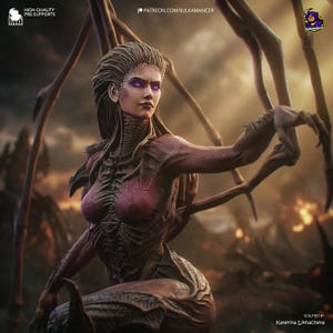 May include: A detailed sculpture of a humanoid alien with a dark red and brown exoskeleton. The figure has purple eyes and is surrounded by large, spidery appendages. The image includes text that reads "HIGH-QUALITY PRE-SUPPORTS" and "PATREON.COM/BULKAMANCER".