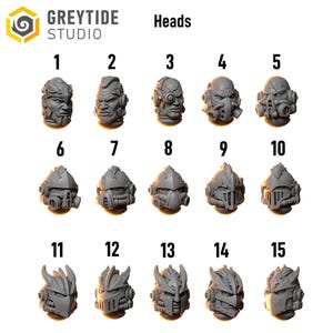 May include: A collection of fifteen grey miniature heads, each with a unique design, arranged in rows. The heads feature various futuristic and mechanical details, including helmets, masks, and visors. The text "Heads" is displayed above the heads, and the "GREYTIDE STUDIO" logo is in the top left corner.