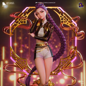 May include: A detailed figurine of a woman with long purple hair, wearing a black and gold jacket, white shorts, and a decorative belt. The figure is posed in front of a gold and pink decorative frame. The image includes text that reads "HIGH-QUALITY PRE-SUPPORTS" and "PATREON.COM/BULKAMANCER".