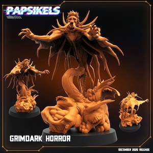 May include: A collection of Grimdark Horror figurines in a warm orange hue. The central figure is a monstrous creature with outstretched arms and a skeletal face. The image includes the text "Papsikels" and "Grimdark Horror".