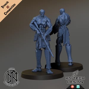 May include: Two blue-gray figures of a humanoid warrior, one facing forward and the other with its back to the viewer. The figures are holding a rifle and are on a black base. The image includes text that says "Trench Compatible" and "Kai Tech Design".