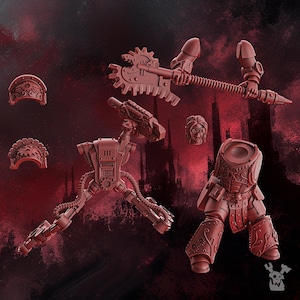 May include: A set of 3D printed miniature parts for a sci-fi robot or character. The parts are in a reddish-brown color and include a head, torso, legs, arms, and weapons.