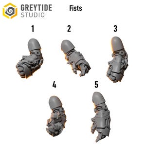 May include: Five gray, mechanical fist models are displayed against a white background. The models are numbered 1 through 5. The text "GREYTIDE STUDIO" and "Fists" are visible in the upper left and right corners, respectively.