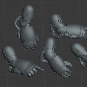 May include: A collection of gray, robotic arm models, each with articulated joints and detailed mechanical features. The arms are in various poses, some with fingers extended, suggesting a focus on robotics or sci-fi themes.