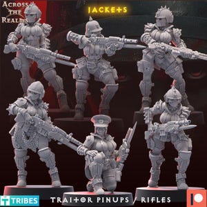 May include: A collection of gray miniature figurines of female soldiers in combat gear, holding rifles. The figurines are in various action poses, with the text "JACKE+S" at the top. The base of the figurines has the text "TRIBES" and "TRAITOR PINUPS / RIFLES".