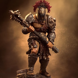 May include: A detailed figurine of a warrior in ornate armor, holding a spiked mace. The figure wears a helmet with red plumes and is adorned with intricate metalwork. The overall color palette is dominated by bronze, gold, and brown tones, creating a sense of strength and historical fantasy.