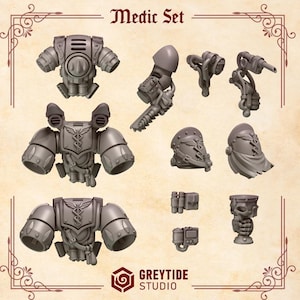 May include: A collection of grey miniature Medic Set components, including armor pieces, helmets, and medical tools. The set features the text "Medic Set" at the top and the "GREYTIDE STUDIO" logo at the bottom. The components are designed for a miniature game.