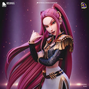 May include: A 3D-rendered figurine of a woman with long pink hair, wearing a black and gold outfit. The figurine has a stern expression and is making a hand gesture. The image includes text that reads "HIGH-QUALITY PRE-SUPPORTS" and "PATREON.COM/BULKAMANCER".