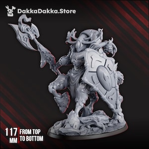 May include: A gray, 3D-printed figurine of a warrior, holding a large axe and shield. The figurine is 4.6 inches tall and stands on a rocky base. The text "DakkaDakka.Store" is at the top, and "117 MM FROM TOP TO BOTTOM" is at the bottom.