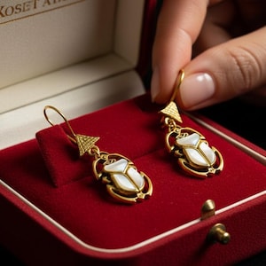 Gold Scarab Earrings, Mother of Pearl, Egyptian Beetle Talisman Jewelry