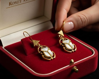 Gold Scarab Earrings, Mother of Pearl, Egyptian Beetle Talisman Jewelry