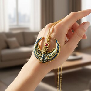 Collar grande con la imagen de Isis alada, colgante de oro con turquesa y ágata roja de la diosa egipcia, amuleto de protección sagrada. imagen 6
