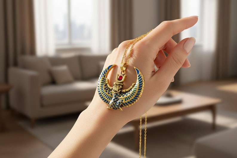 Collar grande con la imagen de Isis alada, colgante de oro con turquesa y ágata roja de la diosa egipcia, amuleto de protección sagrada. imagen 6