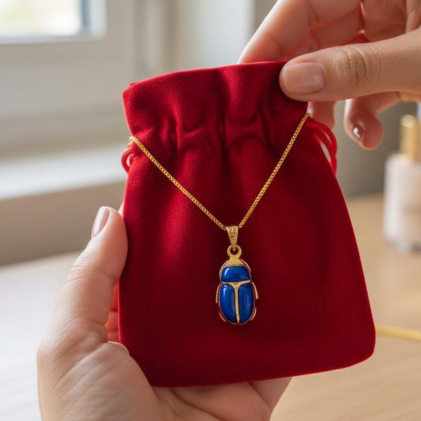 Gold Egyptian Scarab With Lapis Enamel Powder Necklace, Handmade Talisman Divine Pendant