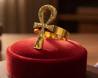 Gold Akhenaton Prayers Ankh Ring, Handmade Egyptian Talisman