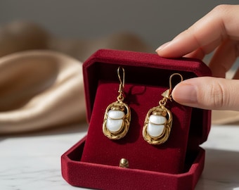 Gold Mother of Pearl Scarab Earrings, Egyptian Beetle Amulet Jewelry