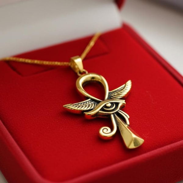 Gold Winged Ankh Pendant, Egyptian Revival Key of Life Necklace