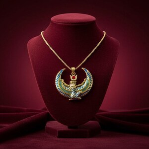 Collar grande con la imagen de Isis alada, colgante de oro con turquesa y ágata roja de la diosa egipcia, amuleto de protección sagrada. imagen 10