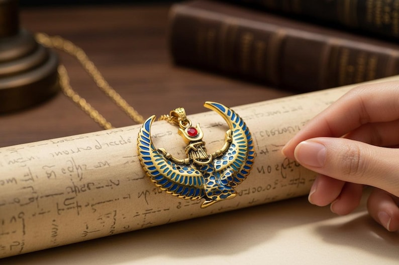 Collar grande con la imagen de Isis alada, colgante de oro con turquesa y ágata roja de la diosa egipcia, amuleto de protección sagrada. imagen 4