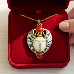 Gold Scarab Pendant Necklace, Mother of Pearl, Red Agate, Abalone Shell, Egyptian Revival
