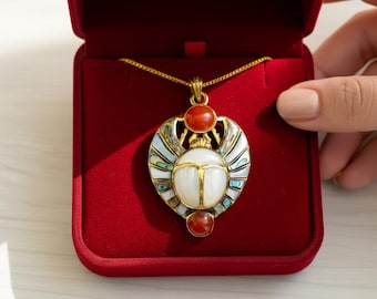 Gold Scarab Pendant Necklace, Mother of Pearl, Red Agate, Abalone Shell, Egyptian Revival