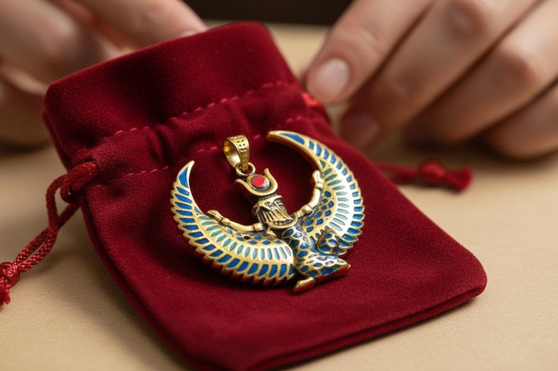 Collar grande con la imagen de Isis alada, colgante de oro con turquesa y ágata roja de la diosa egipcia, amuleto de protección sagrada. imagen 8