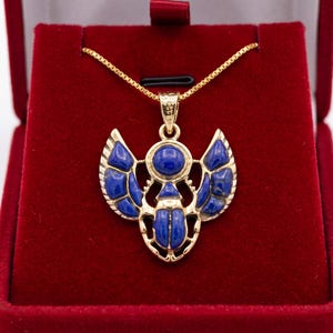 Gold Lapis Lazuli Winged Scarab Pendant, Egyptian Talisman Necklace