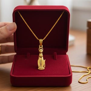 Gold Bastet Cat Pendant Necklace, Egyptian Revival Amulet, Goddess Jewelry